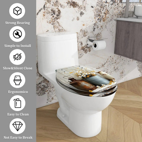 Elongated Toilet Seat QuietClose for Farmhouse Bathroom with floral design, mounted on a toilet, easy to clean, ergonomic.