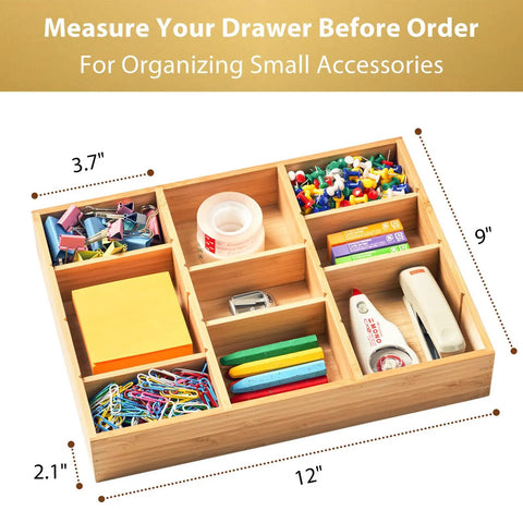Bamboo Desk Drawer Organizer with Adjustable Dividers for Office and Vanity featuring anti-slip storage tray 12 by 9 inches.