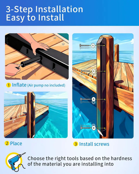 3-step installation guide for Tough As Nails 48 Inch Dock Piling Bumpers 2 Pack with inflation and placement instructions.