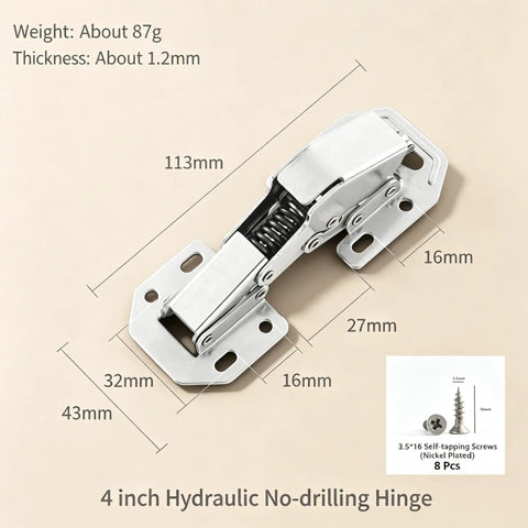 Soft Close Hidden Surface Mount Cabinet Hinges No Pre Drilled 8 Pack, shown with dimensions and screw set.