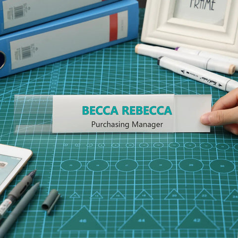 Clear Acrylic Desk Name Plates 2 By 8 Inch Name Tents Pack Of 60 For Classroom Office Meetings Back To School Display Labels shown on table.