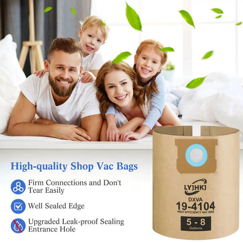 5 Pack Vacuum Bags For 5 To 8 Gallon Wet Dry Shop Vacuums Replacement Dust Collection Bags, shown with a family in a clean room.