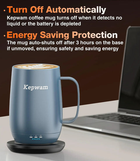 Rechargeable self heating coffee cup with adjustable temp control, blue stainless steel, features auto shut-off.
