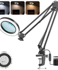 Ultimate Crafting Desk Magnifier Lamp With Light, 8x And 10x Dual Magnification Glass, 27.6 Inch Swing Arm, C Clamp Mount shown in 3 LED color modes