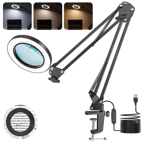 Ultimate Crafting Desk Magnifier Lamp With Light, 8x And 10x Dual Magnification Glass, 27.6 Inch Swing Arm, C Clamp Mount shown in 3 LED color modes