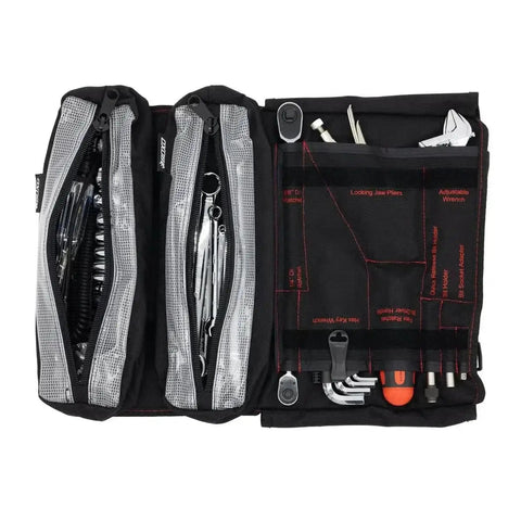 Ride Ready 48 Piece Motorcycle Tool Kit in a compact roll up for Harley Davidson Indian and other V Twin bikes, open view with tools visible.