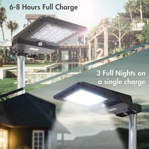 Ridiculously Bright 1600 Lumen Solar Street Light With Motion Sensor Waterproof Dusk To Dawn LED Flood Lamp shown in use