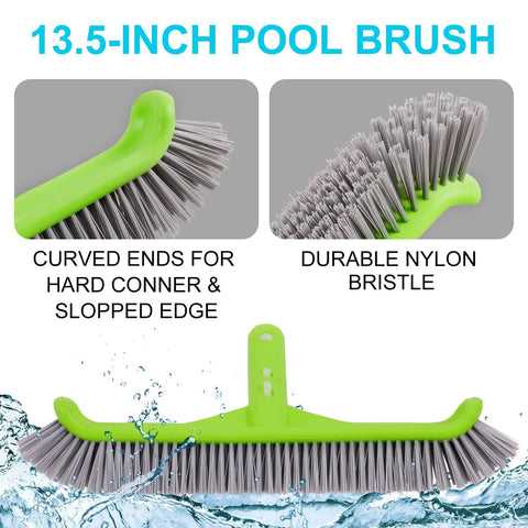 13.5-inch pool brush with durable nylon bristles and curved ends from Deluxe Pool Cleaning Kit With Spa Jet Vacuum And Thirteen Point Five Inch Brush Semi Deep Skimmer Net And Fifty Seven Point Five Inch Adjustable Pole For Above Ground And Inflatable Pools No Fuss Quick Debris Cleanup.