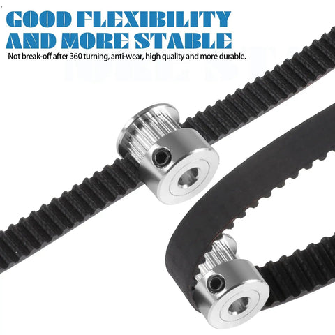 Close-up of Eight Piece Timing Belt Set For 3D Printers Open Synchronous Belts 6mm Wide with pulleys attached