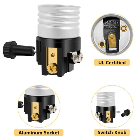UL Listed E26 Lamp Socket Replacement With On Off Switch Knob, Beefy E26 And E27 Socket For Table And Floor Lamps, Easy Swap Lamp Repair Part, 2 Pack, Aluminum Interior, Supports Up To 250W 250V; black aluminum socket with switch knob