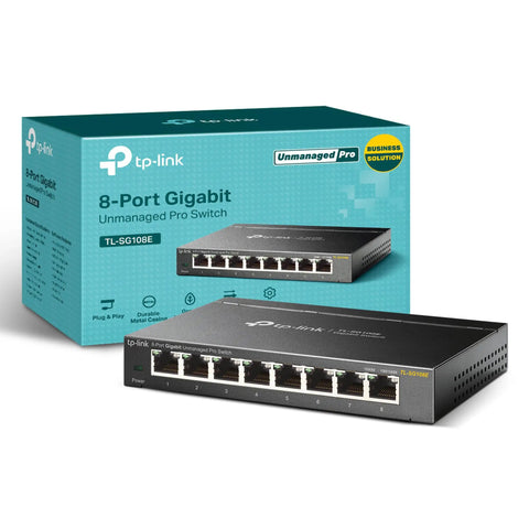 8 Port Gigabit Ethernet Switch With No Fuss Setup And Easy Smart Management shown with packaging and metal case