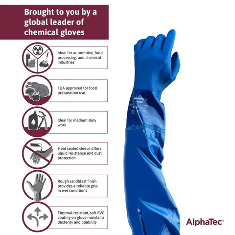 Heavy Duty Elbow Length Pvc Work Gloves With Rough Nonskid Grip Built For The Daily Grind Handles Grease And Slippery Locations Medium Blue Single Pair on display.