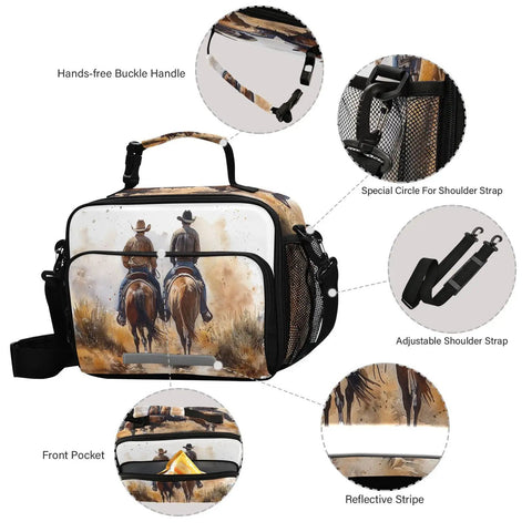 North American Desert Cowboy Insulated Lunch Bag with buckle handle, detachable shoulder strap, and cowboy print design