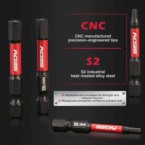Close-up of S2 steel hex bit set with visible red labels, featuring precision-engineered CNC tips for the 23-Piece Magnetic Hex Bit Set With 2.4 Inch Impact Bit Holder And 1 Quarter Inch Hex Shank SAE And Metric Hex Bits Pro Grade S2 Steel Allen Wrenches For Auto Repair Home DIY And Mechanic Projects.