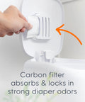 Registry Gift Set Includes Complete Diaper Pail With Foot Pedal Odor Control System 8 Refill Bags And 1 Carbon Filter Perfect Starter Kit showing carbon filter insertion