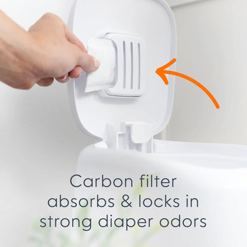 Registry Gift Set Includes Complete Diaper Pail With Foot Pedal Odor Control System 8 Refill Bags And 1 Carbon Filter Perfect Starter Kit showing carbon filter insertion