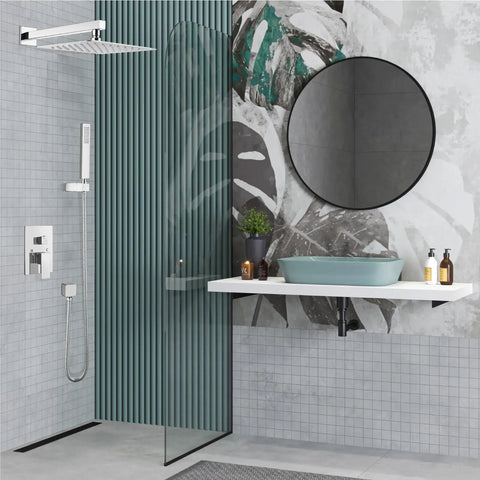 Stylish bathroom with Polished Chrome 12 Inch Square Rain Shower System With Wall Mount High Pressure Rain Shower Head Handheld Sprayer And Rough In Valve With Trim Included For An Easy DIY Bathroom Upgrade