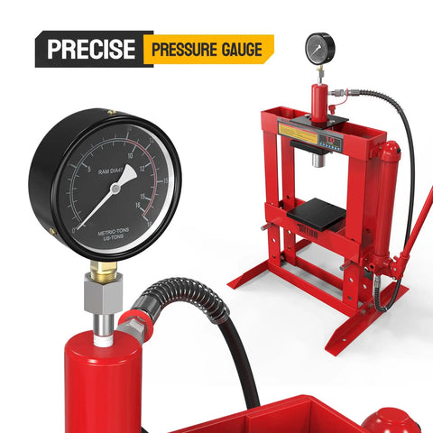 10 Ton Hydraulic Shop Press With Pressure Gauge And Press Plates, H Frame Benchtop Design, Adjustable Working Table Height, Red
