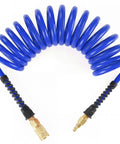 Heavy Duty 1/4 Inch ID Polyurethane Recoil Air Hose 10 Feet Long Air Compressor Line With Solid Brass Quick Connect Plug 145 PSI Max Pressure Blue curved hose with brass connectors