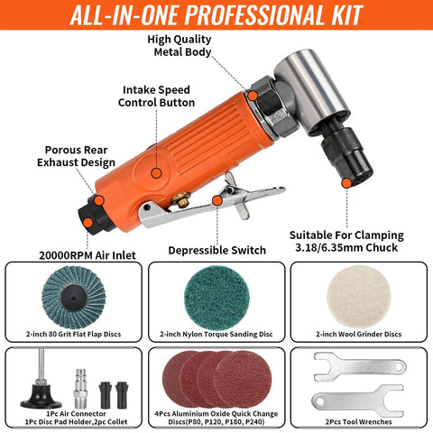 Right Angle Mini Air Die Grinder Kit, 90 Degree Pneumatic Sander, 20,000 RPM, Comes With 1/4 Inch And 1/8 Inch Collets, Built For Grinding