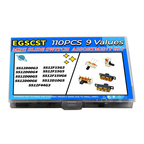 Awesome Micro Mini Slide Switch Kit 110Pcs SPDT 1P2T Toggle Switches packaging with various switch models displayed.