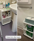Two views of a Rolling Storage Cart With Wheels, Slim 3 Tier Narrow Mobile Shelving Unit in use in a bathroom, storing supplies.