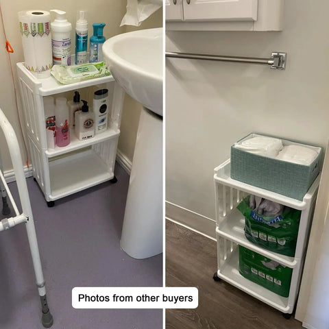 Two views of a Rolling Storage Cart With Wheels, Slim 3 Tier Narrow Mobile Shelving Unit in use in a bathroom, storing supplies.