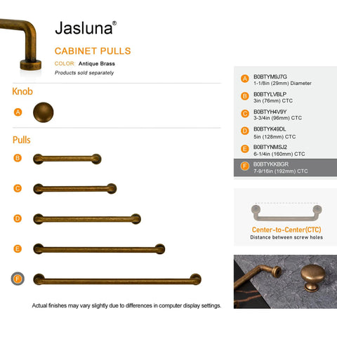 Antique Brass Cabinet Pulls 5-Pack, 7-9/16 Inch Center Bar Drawer Handles shown with size chart, for kitchen cupboards and dressers.