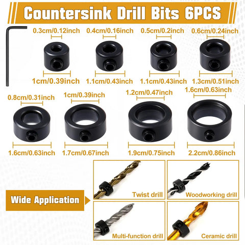 35 Piece Woodworking Chamfer Drill Set With Countersink Plug Cutters 6 countersink drill bits sizes 0.3 to 2.2 cm for precise hole drilling.
