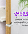 Close-up of broom handle in heavy-duty wall mount holder with anti-slip silicone, text emphasizing secure grip on wet tool