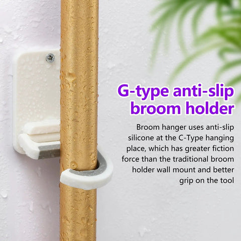 Close-up of broom handle in heavy-duty wall mount holder with anti-slip silicone, text emphasizing secure grip on wet tool