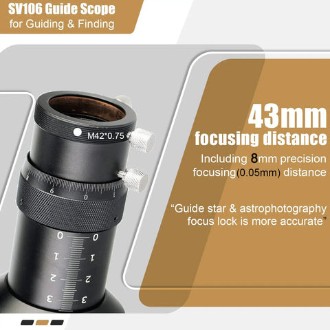 60mm Guide Scope With Helical Focuser For Pro Grade Astrophotography close-up showing 43mm focusing distance and precision focus scale.