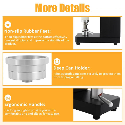 Hella Durable Commercial Soda Can Sealer With Automatic Operation And Smart Led Display adjustable deep can holder and ergonomic handle details.