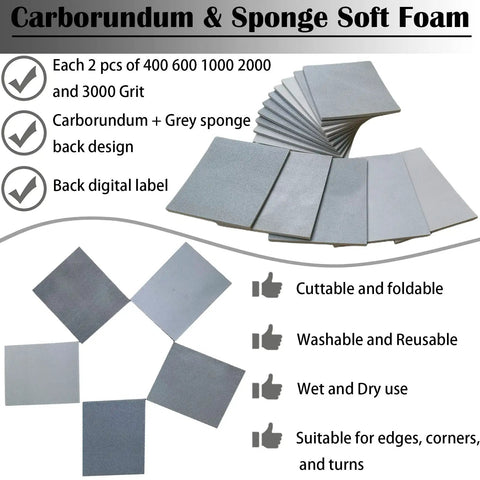 10 Piece Softback Sanding Sponge Set With 400 600 1000 2000 3000 Grits displayed with uses and features text overlay.
