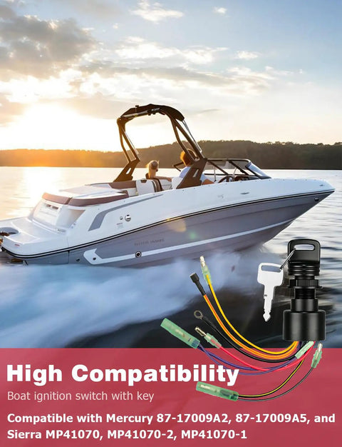Boat Ignition Switch With Keys For Mercury 87-17009A2 87-17009A5 shown with a white boat and colorful wiring on water