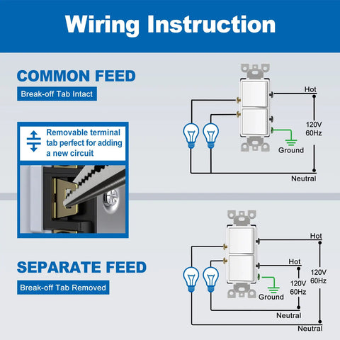 Wiring instructions for Two Pack Double Rocker Light Switch With Dual Paddle Interrupter, 15A 120V, in-wall installation guide.