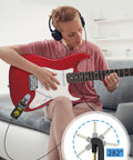 Musician using Compact 5W Guitar Headphone Amp With Built In DSP Distortion Timbre, red electric guitar, 282° rotation.