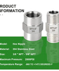 304 Stainless Steel Pipe Fitting Hex Nipple And Coupling Kit, Three Eighths Inch NPT Male To Three Eighths Inch NPT Female Threads