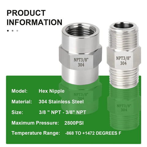 304 Stainless Steel Pipe Fitting Hex Nipple And Coupling Kit, Three Eighths Inch NPT Male To Three Eighths Inch NPT Female Threads