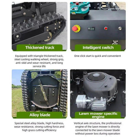 Close-up of Remote Controlled Lawn Mower for Slopes and Rough Terrain, showing thickened track, intelligent switch, alloy blade, and specific engine