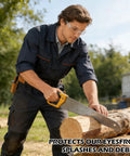 Worker using Rock Solid Bulk Safety Glasses Clear Protective Eyewear For Job Sites And Labs Work Ready, cutting logs with a saw.
