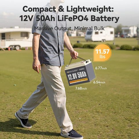 Person holding an ultra lightweight 12V 50Ah LiFePO4 battery with 50A BMS for RV life, marine adventures, and off-grid power outdoors.
