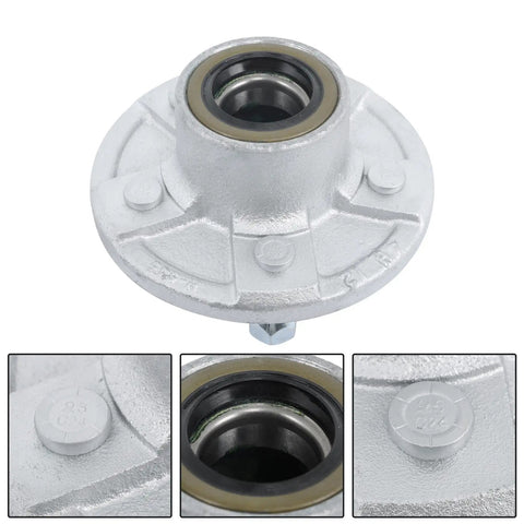 Close-up of 5 Lug Galvanized Trailer Hub Kit with 4.5 Inch Bolt Pattern, 3500lb Capacity, showing details of the assembly