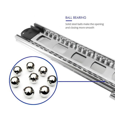 Heavy Duty Ball Bearing Drawer Slides 20 Inch Full Extension Side Mount Cabinet Hardware showing steel ball bearings for smooth glide.