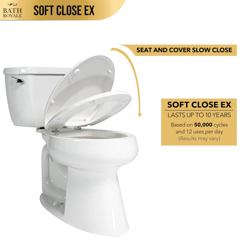 Heavy Duty White Elongated Toilet Seat Featuring Smooth Operator Slow Close Hinges That Never Slam Easy Wipe Clean Surfaces For Daily Grind Built Sick Strong Fits Any Universal Bowl Like A Charm, shown from a side angle with lid partially open.