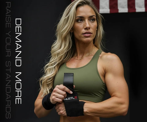 Woman wearing weightlifting wrist wraps for heavier lifts 18 inch and 12 inch premium wrist support straps, holding straps in gym setting.