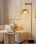 Cozy Tall Floor Lamp With Rattan Lampshade 3 Color Temperatures And Stepless Dimmer Smart Floor Lamp beside a modern sofa in living room.