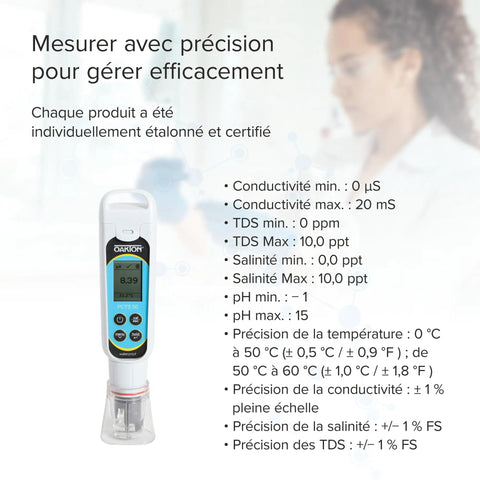 PCTSTestr 50 Waterproof Pocket PH Conductivity TDS Salinity Tester, Pro Grade 50 Series With LCD Display, 3 Point Calibration, All In One On The Go Battery Powered, Field And Lab Ready, Black, shown with French specs and probe