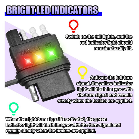 4-Way Flat Trailer Wiring Tester With 4-Pin Double End Male And Female Plugs, Clear Indicator Lights For Turn Signal Troubleshooting