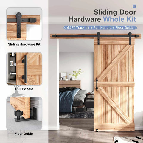 Sliding Barn Door Track And Handle Hardware Kit With Straight Pulley For Smooth Quiet Operation And Easy Installation, 6 Ft Track Kit For 30 To 36 Inch Wide Single Door, Aluminum With Black Powder Coat For Anti Corrosion And Smooth Quiet Rollers installed in room